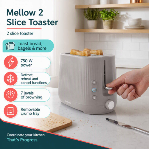 Grey 2-slice toaster with browning, defrost, reheat and removable crumb tray