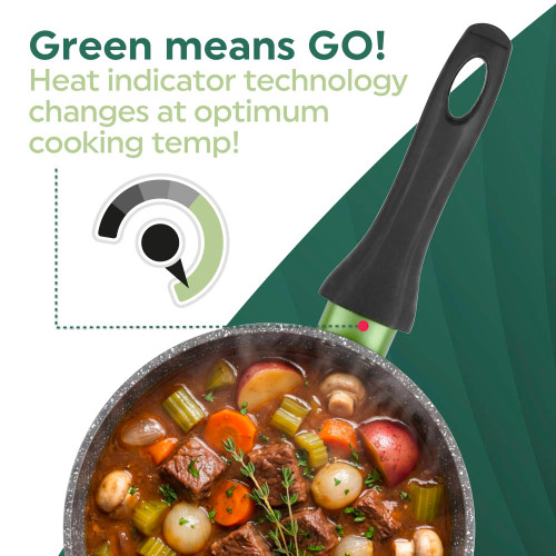 Graphic showing a saucepan with stew and a handle featuring green heat indicator technology.
