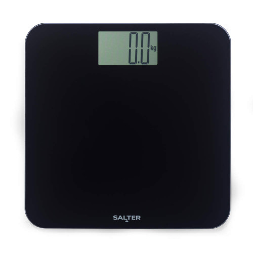Black digital bathroom scale with large LCD display, showing 0.0kg, front view