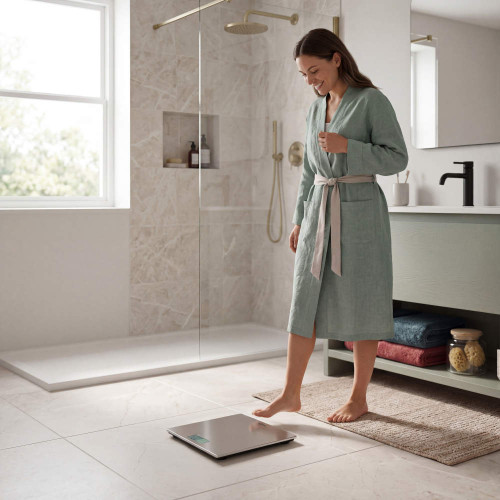 Digital bathroom scale in modern bathroom with person about to step on it