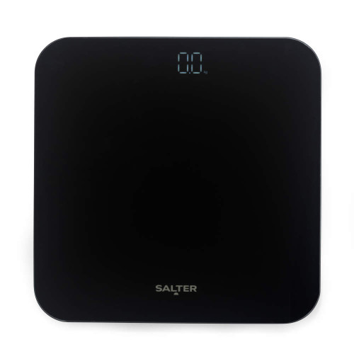 Black digital bathroom scale with Salter branding, shown from above