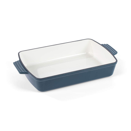 Rectangular green stoneware roasting dish with white interior and side handles