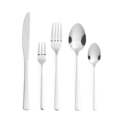 Set of five silver stainless steel cutlery pieces on white background, including knife, forks, and spoons