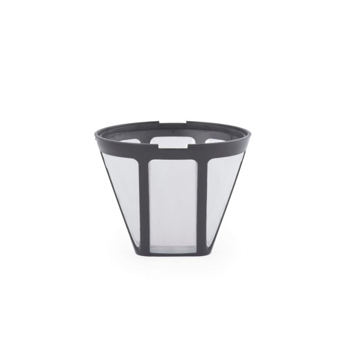 Reusable black mesh coffee filter, shown upright for single-serve machines