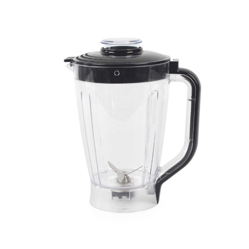 Clear plastic blender jug with black lid and handle, shown side view
