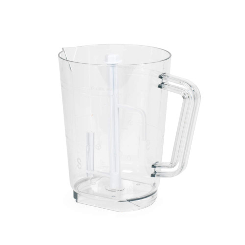 Clear plastic blender jug with handle, 1.1 litre max fill, shown empty.