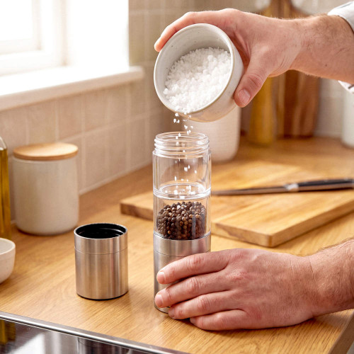 Hand filling a silver salt and pepper mill with coarse salt