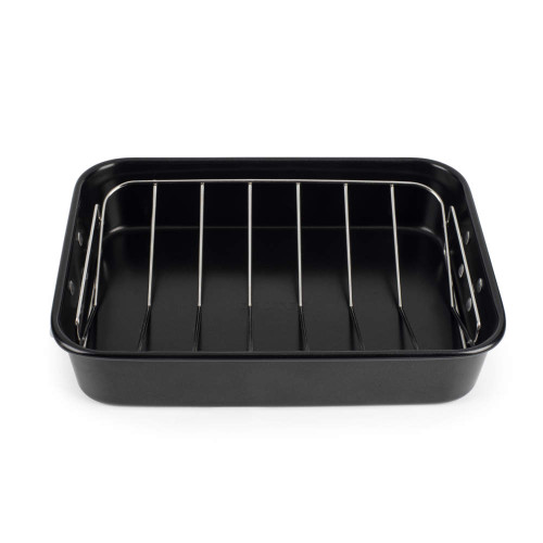 Black non-stick roasting tin with silver metal rack, shown empty, for oven cooking.