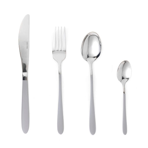 Four-piece silver cutlery set with knife, fork, tablespoon and teaspoon, shown on white background