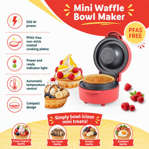 Mini waffle bowl maker in red with waffle bowls and key features shown