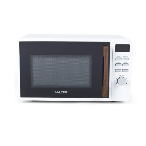 White and black microwave with wood-effect handle and front controls