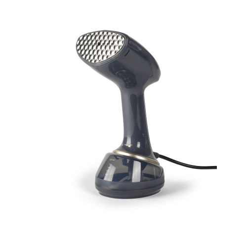 Dark grey handheld garment steamer with textured metal steam plate, shown upright