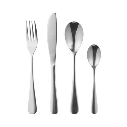 Four-piece silver stainless steel cutlery set: fork, knife, tablespoon, teaspoon.