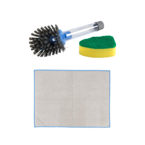 Cleaning set with dish brush, yellow and green sponge, and microfibre cloth.