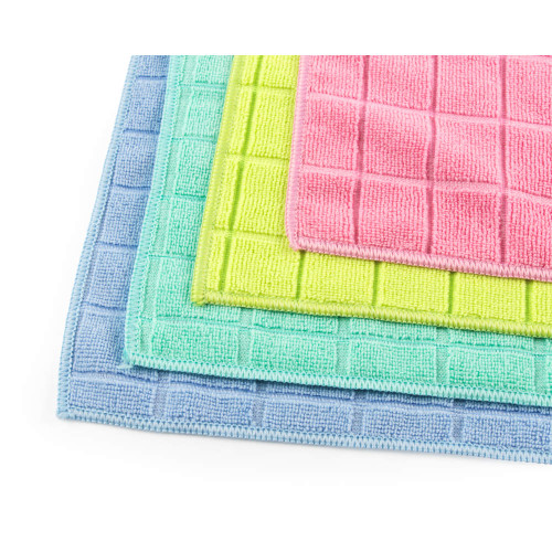 Set of 4 microfibre cleaning cloths in blue, green, yellow and pink.