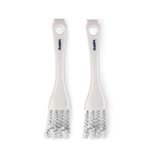 Pack of two white Beldray cleaning brushes with twisted wire bristles for grout and detail cleaning.