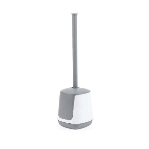 Grey and white toilet brush with holder, shown upright on plain background