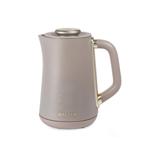 Brown electric kettle with handle and gold accents, product listing image