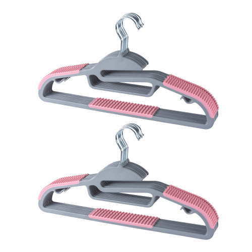 Set of two grey plastic hangers with pink non-slip pads for clothes