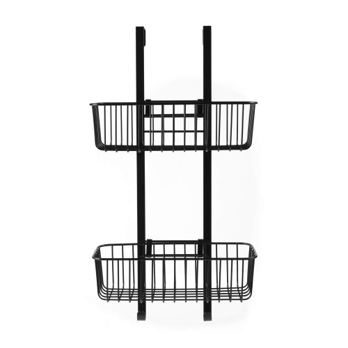 Black 2-tier over-door shower caddy with wire baskets, shown on white background