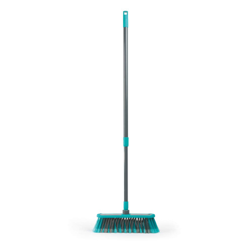 Grey and turquoise indoor broom with soft bristles, shown upright on white background