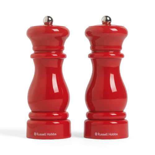 Pair of red Russell Hobbs salt and pepper mills with glossy finish