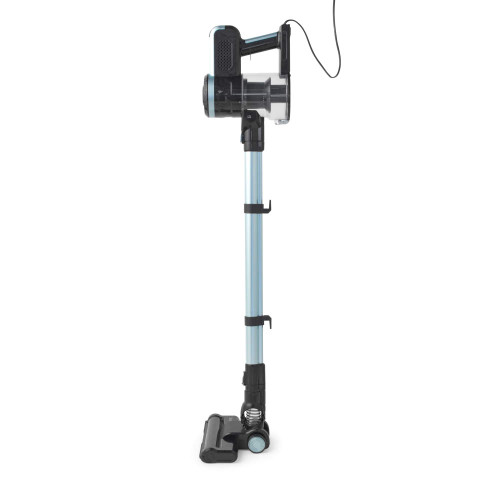 Corded blue stick vacuum cleaner, upright view with floor head attached