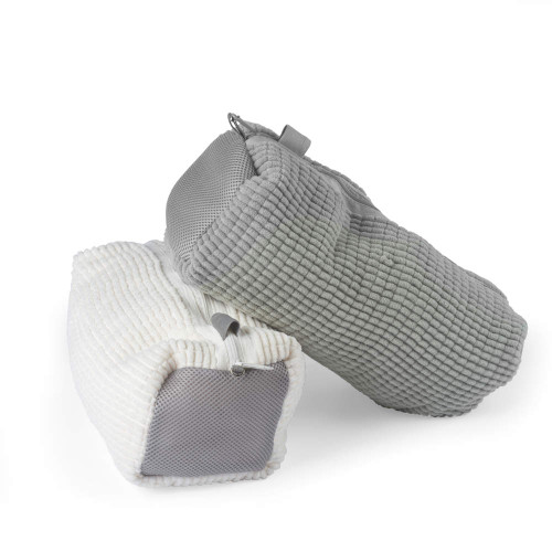 Pair of corded fabric toiletry bags, one grey and one white, shown side by side.
