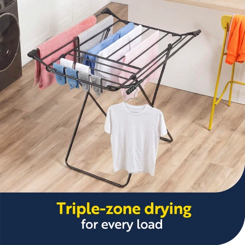 Black clothes airer with triple-zone drying space and hanging rail