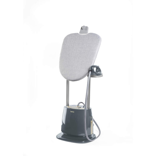 Upright garment steamer with large grey ironing board and handheld steamer attachment