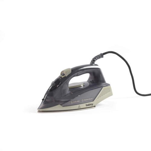 Grey and silver steam iron with cord, side view, on white background