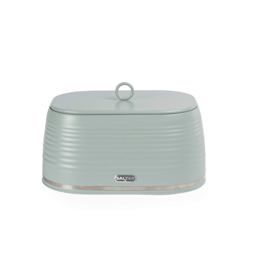 Sage green bread bin with lid, featuring ribbed sides and Salter logo.