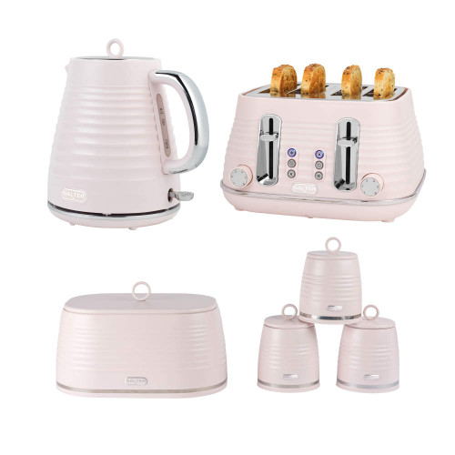 Pink kitchen set: electric kettle, 4-slice toaster with bagels, bread bin, and 3 storage canisters