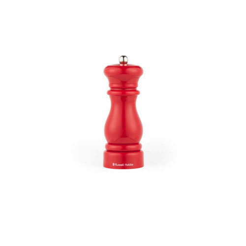 Red manual pepper mill with Russell Hobbs branding, shown upright on white background