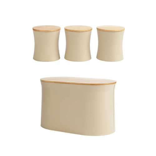 Set of beige kitchen storage containers with wooden lids, shown as three jars and one bread bin.
