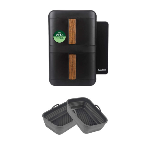 Black dual air fryer with wood-effect handles and two grey silicone baskets shown