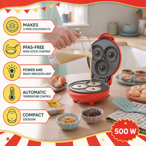 Red mini doughnut maker making 3 mini doughnuts, 500W