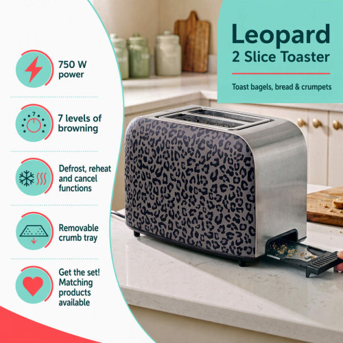 2-slice leopard print toaster with stainless steel sides and removable crumb tray