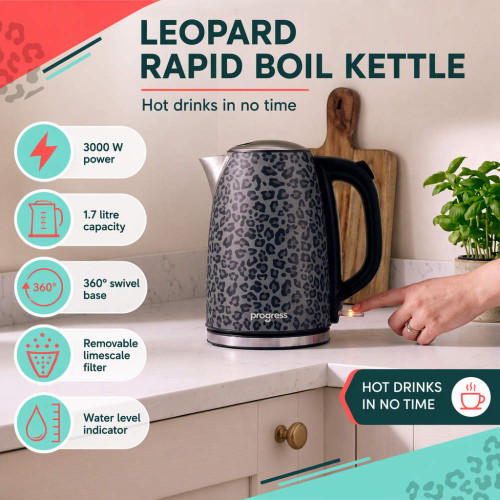 Leopard print rapid boil kettle with 1.7 litre capacity and 360° swivel base