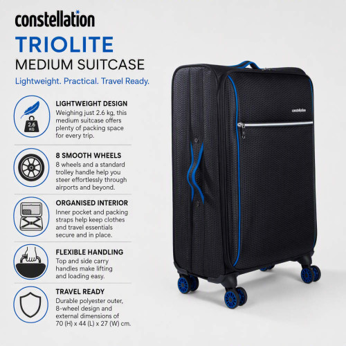 Black medium suitcase with blue trim, front pocket and 8 wheels