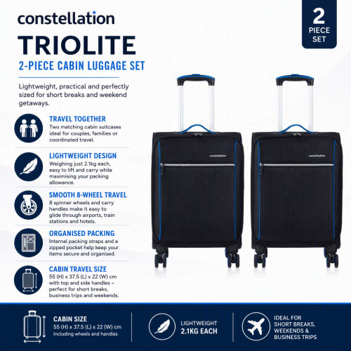 2-piece black cabin luggage set with blue trim and 8 wheels