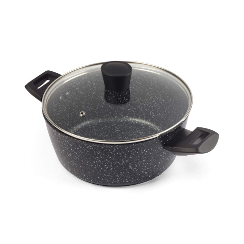 Grey speckled cooking pot with glass lid and black side handles