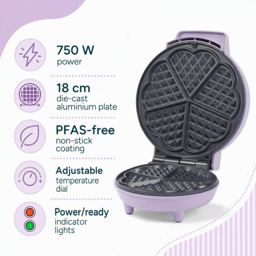 Purple waffle maker with 750W power, 18cm plates and adjustable temperature dial
