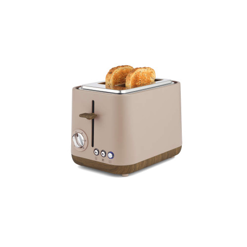 Mocha two-slice toaster with wood trim and seeded bread, angled product view