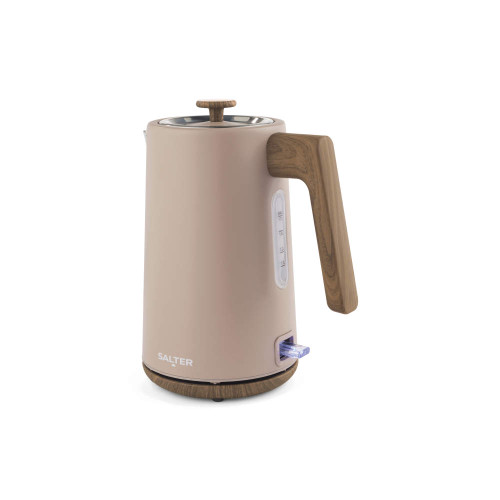Mocha electric kettle with wood-effect handle and base