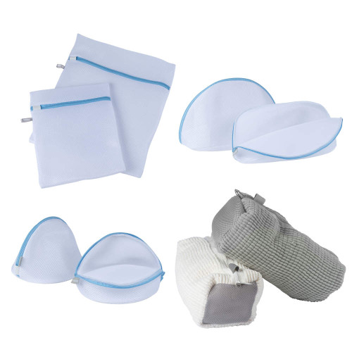 Set of white mesh laundry wash bags and padded bra wash bags with blue trim