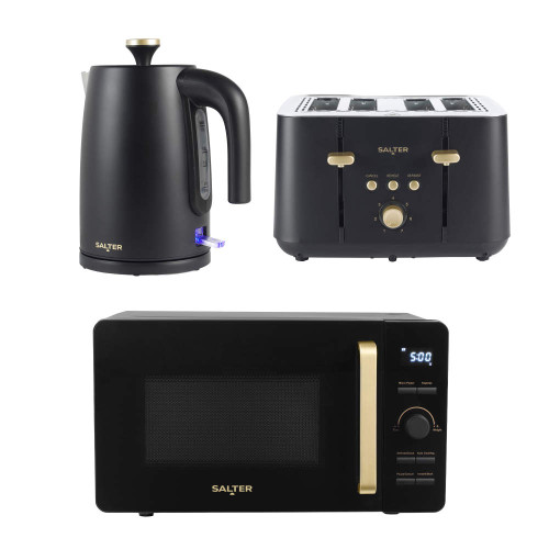 Black Salter kettle, 4-slice toaster and microwave set with gold details