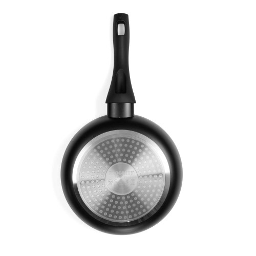 Grey frying pan with black handle, shown base up for non-stick bottom detail