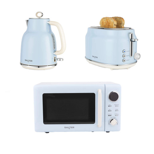 Set of Salter light blue kettle, toaster with slices, and microwave