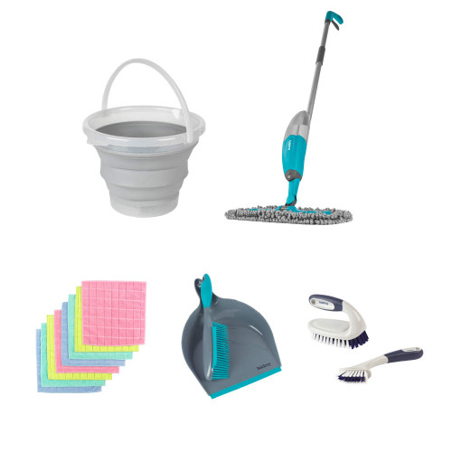 Cleaning set with spray mop, collapsible bucket, cloths, dustpan and brushes